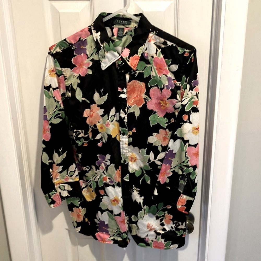 Black floral collared dress shirt, 100% cotton.
